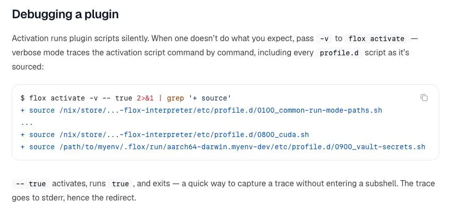 The Debugging a plugin section of the Flox plugins docs, with a flox activate -v trace