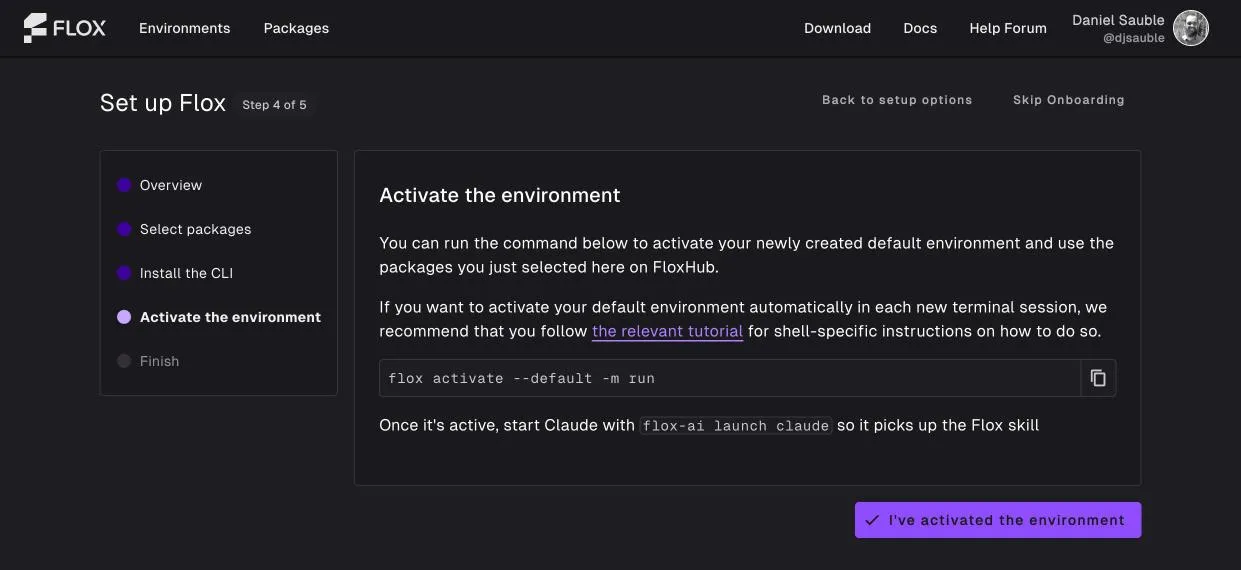 The FloxHub onboarding activate step, with an I've activated the environment button